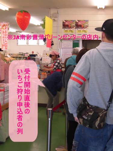 JA南彩菖蒲グリーンセンターのイチゴ狩りに申し込む列