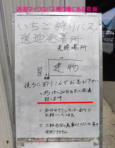 JA南彩菖蒲グリーンセンターのイチゴ狩り用の送迎マイクロバス乗り場にある看板
