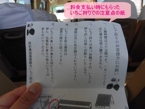 JA南彩菖蒲グリーンセンターのイチゴ狩り用のいちご狩りでの注意点が書いてある紙