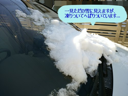 車のフロントガラスに積雪が凍ってへばりついた状態