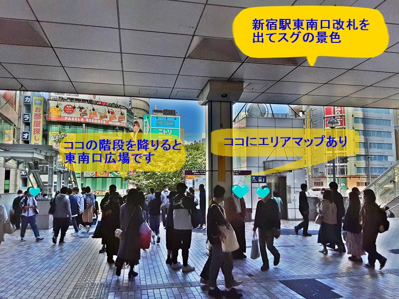 JR新宿駅東南口改札を出て階段に続く景色